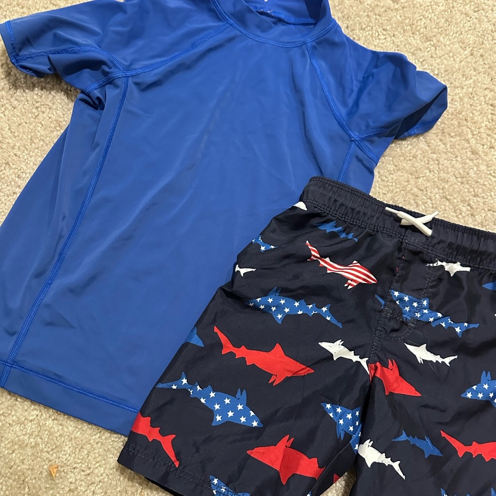 Old Navy Blue and Red Rashguard Swim Set with Shark Print